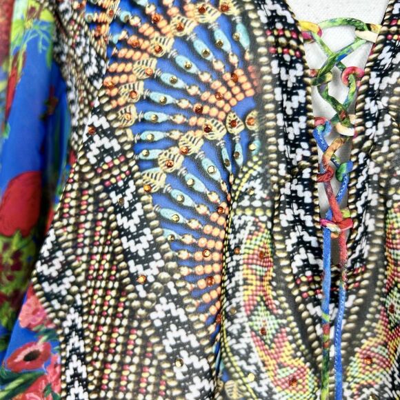 ASA Kaftan Printed Caftan Cover-Up Jeweled Beaded Tassels Floral Short Small - Picture 6 of 9